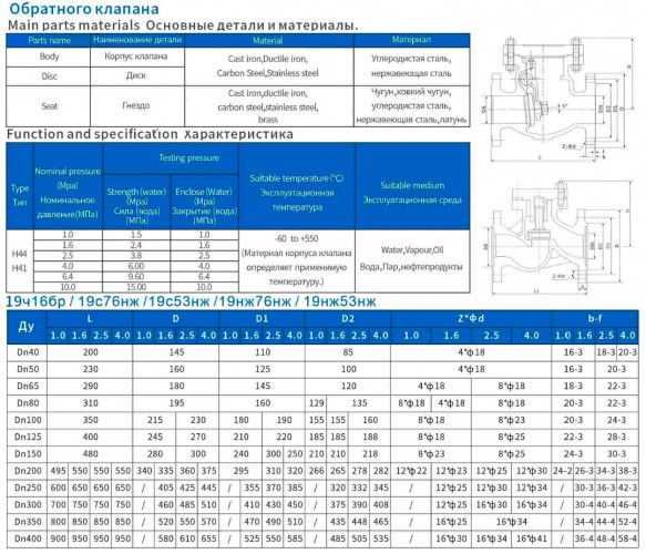 Зворотний фланцевий клапан з чавунним корпусом 19ч16бр DN350 PN16, ГОСТ
