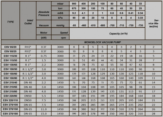 Pompa próżniowa z pierścieniem wodnym ESV 270/150, AISI 316, 384 m3/h, 11 kW, 1450 obr./min