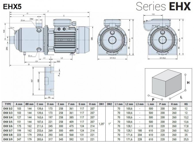 Pompa wielostopniowa pozioma EHX 5/6, 1,5 kW, 7,2 m3/h, 70m, 380V/T, AISI 304 (EBARA MATRIX)