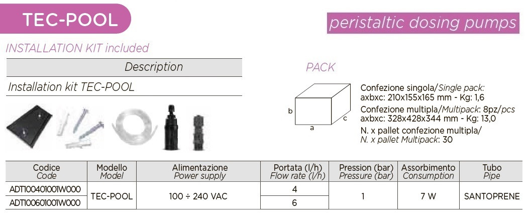 Pompa dozująca perystaltyczna AQUA PDP TEC-POOL 4-1 100-240VAC SANTOPRENE CZARNA Z POZIOMEM WSTĘPNYM