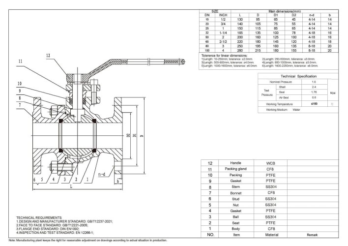 PN16 DN100 Zawór kulowy ze stali nierdzewnej AISI 304, Seat PTFE