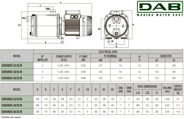 Pompa wielostopniowa pozioma DAB EUROINOX 30/30 M, 102970220H