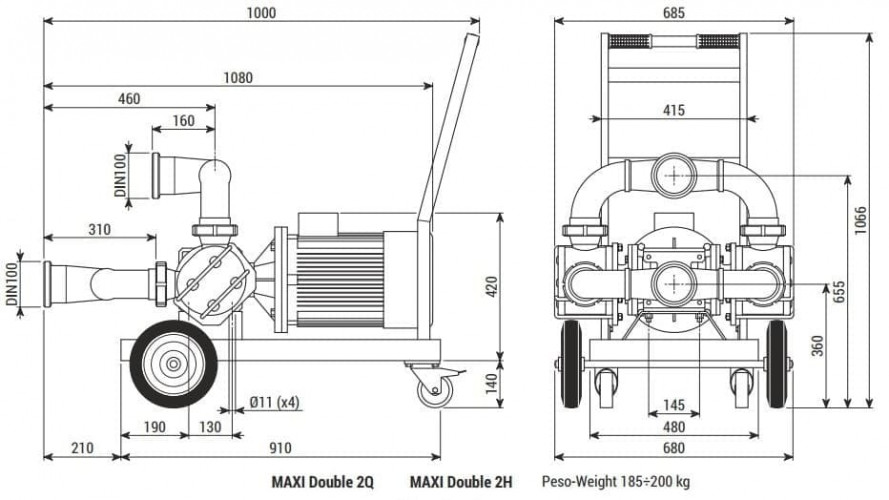 Pompa wirnikowa LIVERANI INV MAXI Double 2Q NR TF 7,5kW, 50-470obr./min, 380V z przetwornicą częstotliwości, sterowanie zdalne (15 m), na wózku