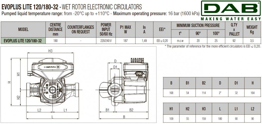 Pompa obiegowa DAB EVOPLUS Lite 120/180-32 ze sterowaniem elektronicznym, 60218208