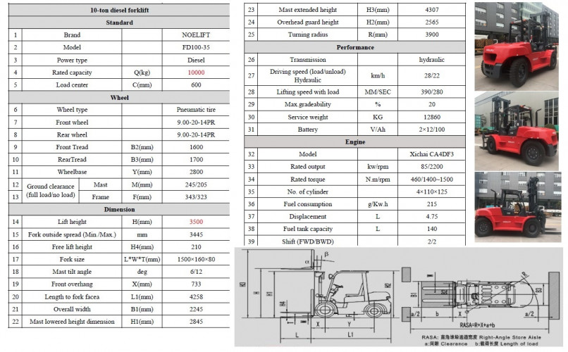 Wózek widłowy z silnikiem wysokoprężnym FD100-35, 10 ton, wysokość podnoszenia 3,5 m, silnik Xichai CA4DF3