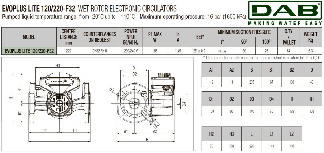 Pompa obiegowa DAB EVOPLUS Lite 120/220-F32 ze sterowaniem elektronicznym, 60218211