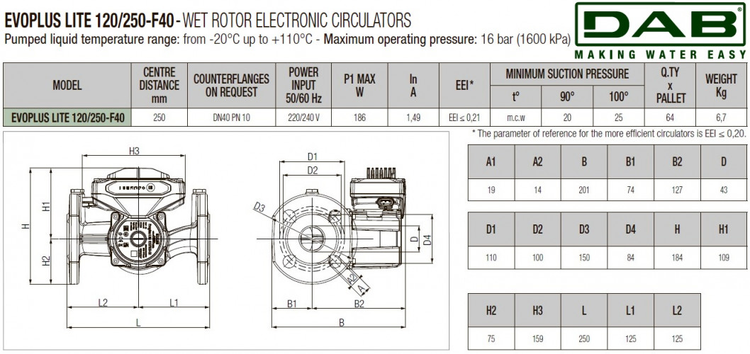 Pompa obiegowa DAB EVOPLUS Lite 120/250-F40 ze sterowaniem elektronicznym, 60218214