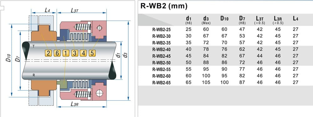 Uszczelnienie pompy mechanicznej z mieszkiem PTFE R-WB2T 50, SIC/SIC, PTFE, 304