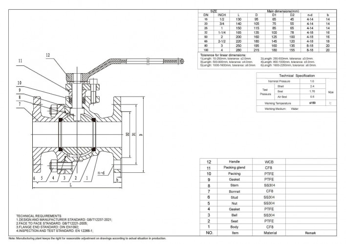 PN16 DN25 Zawór kulowy ze stali nierdzewnej AISI 304, Seat PTFE