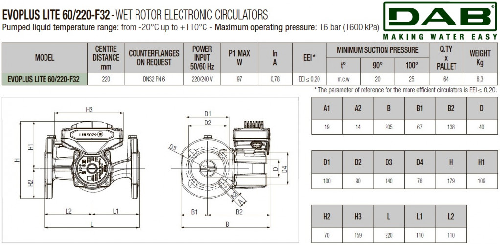 Pompa obiegowa DAB EVOPLUS Lite 60/220-F32 ze sterowaniem elektronicznym, 60218209