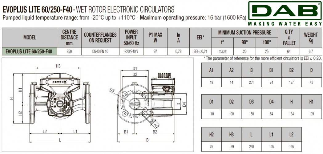 Pompa obiegowa DAB EVOPLUS Lite 60/250-F40 ze sterowaniem elektronicznym, 60218212