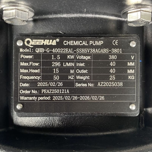 Pompa chemiczna do roztworu chlorku żelazowego QHB-G-40022EAL-SSH5V38AGABS GFRPP, 312 l/min, 16,5 m, 380 V, odśrodkowa, samozasysająca